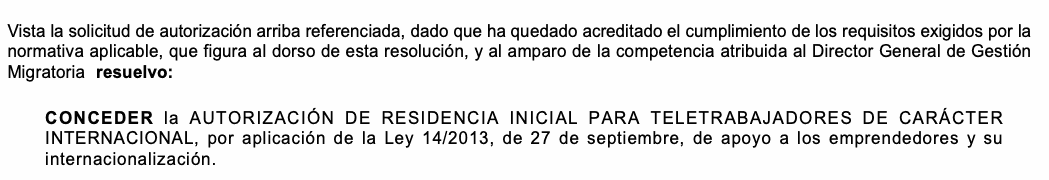 Opening approval section of a Spanish UGE residence authorization for international remote work
